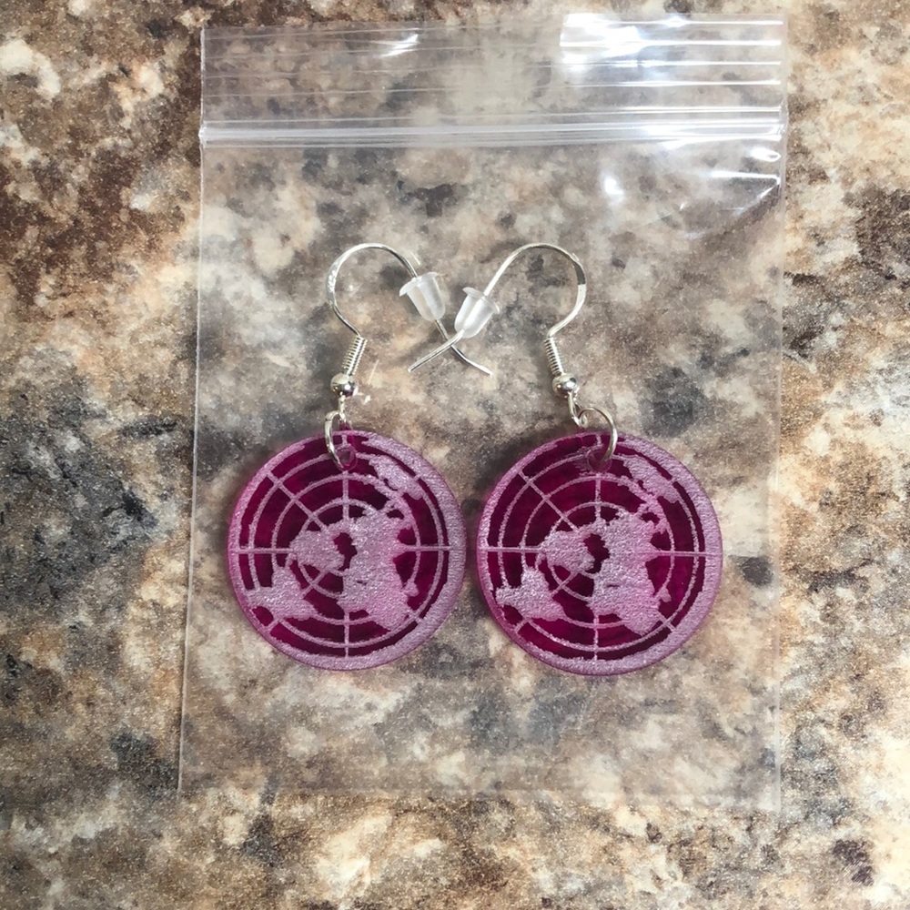 .925 Flat Earth Acrylic Earrings -Fuscia/Silver